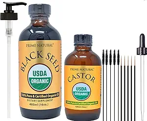 PRIME Natural Organic Black Seed Oil & Organic Castor Oil - 2 Oil Bundle - USDA Certified - Cold Pressed, Virgin, Unraffinaderijed, Vegan, No Conservatives