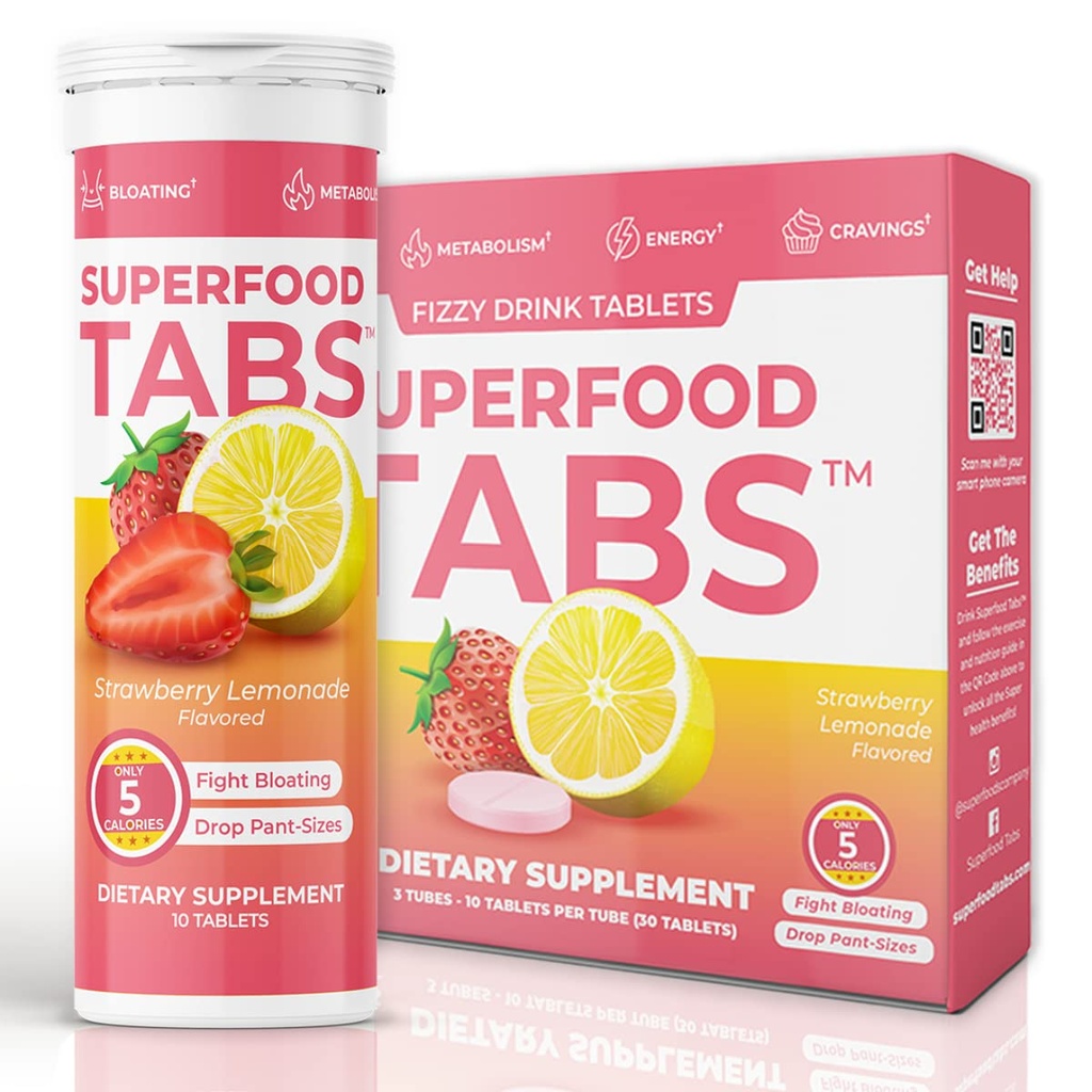Superfood Tabs Superfoods Company Detox Cleanse Drink - Supplement for Women & Men - Support Healthy Weight, Digestive Health, Cravings & Bloating Relief - Strawberry Lemonade Flavor [30 Tablets]