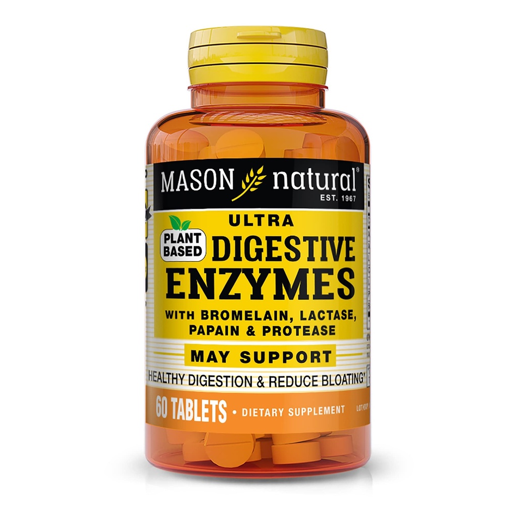 MASON NATURAL Plant Based Ultra Digestive Enzymes with Bromelain, Lactase, Papain & Protease - Supports Healthy Digestion & May Reduce Bloating, 60 Capsules