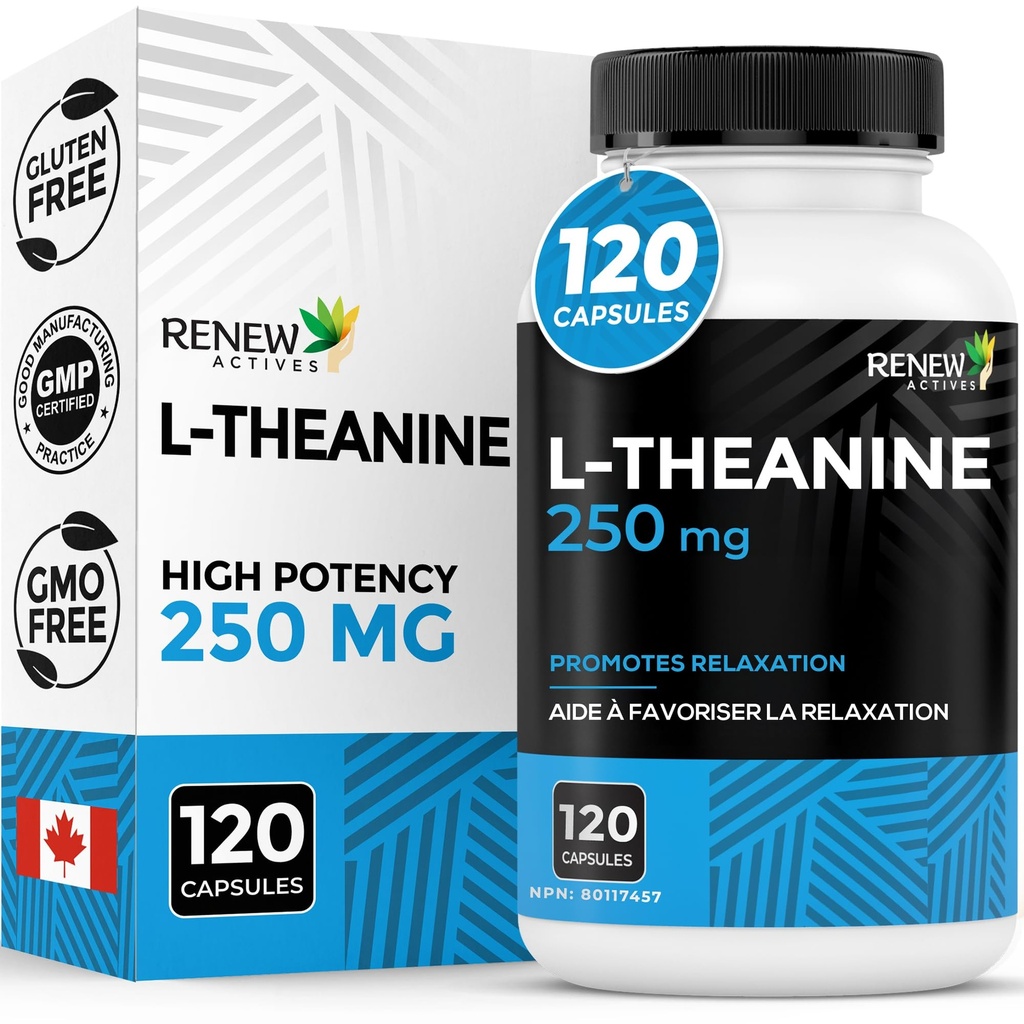 Renew Actives L-Theanine Supplements - Promotes Relaxation, Mental Clarity, & Focus - 250mg Per Serving - Non-GMO, Vegan, Gluten-Free - Made in Canada - 120 Easy-to-Swallow Capsules