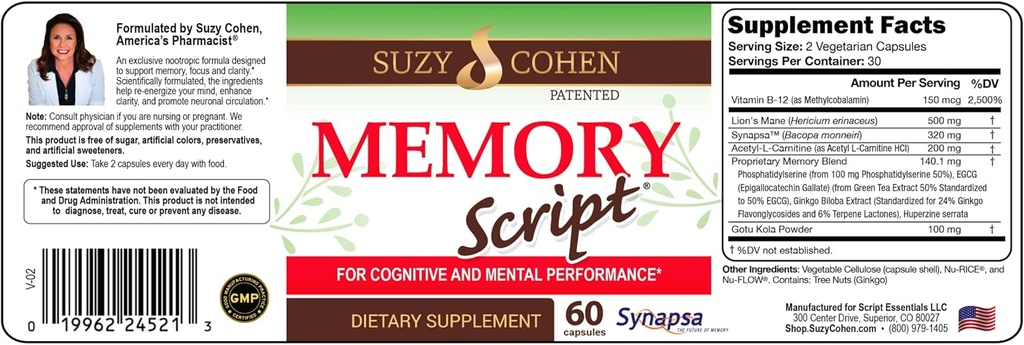 Suzy Cohen Geheugen Script met Lions Mane, Fosfatidylserine, Groene Thee Extract en Ginkgo - Hersenen Ondersteuning Supplement voor Focus - Nootrope Capsules voor cognitie, Snellere Herinnering en Mood