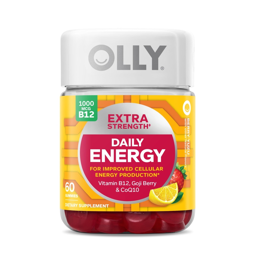 OLLY Ultra Strength Hair, Extra Strength Dagelijkse Energie, Biotine, Keratine, Vitamine B12, CoQ10, Goji Berry Gummy Supplement Bundle - 30 Tellen, 60 Tellen