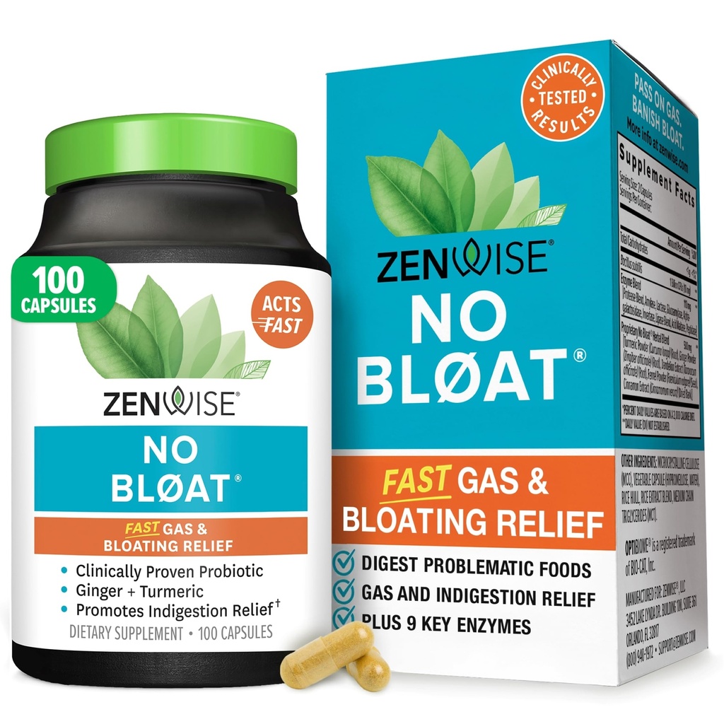 Zenwise Health No Bloat Digestive Enzymes for Gut Health, Gas & Bloating Relief - Multi Enzymes Digestion Supplement with Probiotics, Ginger, Turmeric Dandelion & Lactase - Men & Women - 100 Count