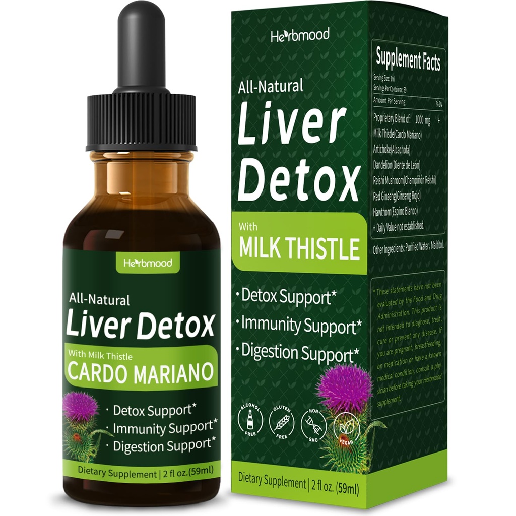 Milk Thistle Liver Detox Drops, Cardo Mariano (con Silimarina) y Diente de León para el Hígado Graso, Liver Support Supplement w/Artichoke & Dandelion Extract for Liver Cleanse & Repair. 2oz