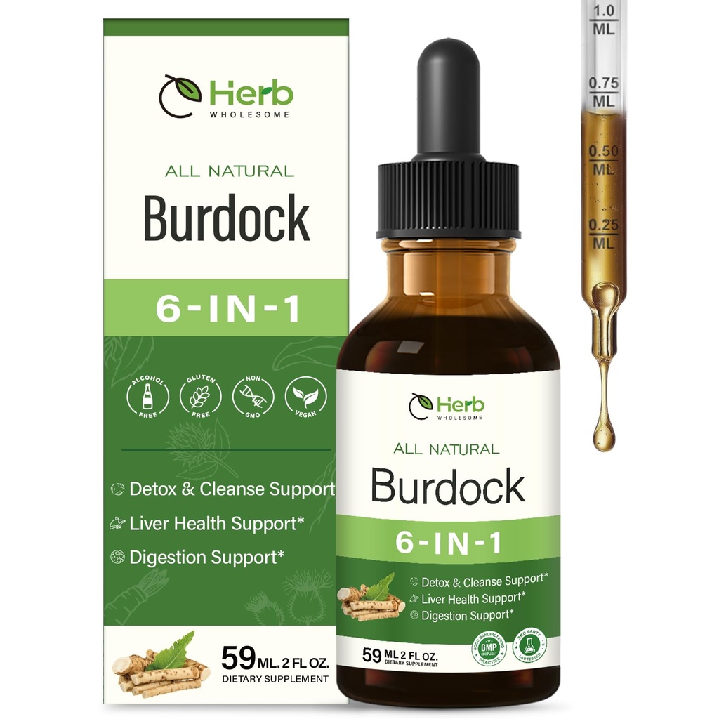 Burdock Root Extract Drops for Liver Health, 6-in-1 Herbal Supplement for Detox & Cleanse & Digestion Support Blend w/Milk Thistle Turmeric Red Clover. 2oz