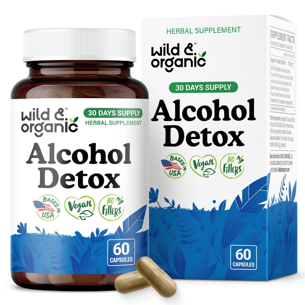 Wild & Organic Alcohol Detox Capsules - Antioxidant Liver & Kidney Support - Alcohol Cleanse Supplement with Milk Thistle, Dandelion Root & Chanca Piedra - Vegan, No Fillers, Non-GMO - 60 Count