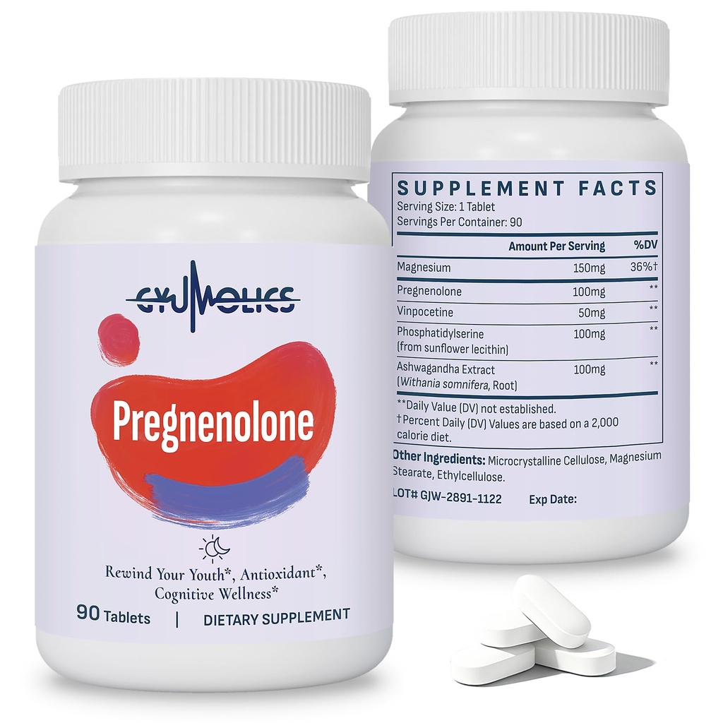 Pregnenolone 100mg Supplement for Cognitive Function & Mental Clarity - Multi-Ingredient Formula for Men & Women - 180 Tablets