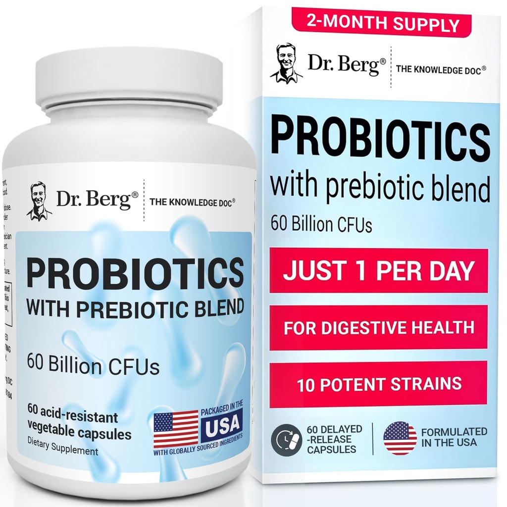 Dr. Berg Probiotic Supplement (60 Billion CFUs) - Helps Ease Occasional Constipation, Diarrhea, Gas & Bloating* - Pre and Probiotics for Digestive Health - 60 Probiotic Capsules