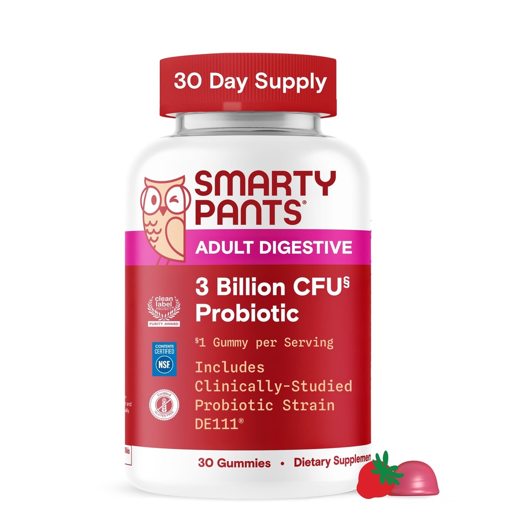 SmartyPants Adult Probiotic Gummies for Digestive Health: 3 Billion CFU, Gut Health and Immune Support Supplement, Clinically Studied Probiotic, Gluten Free, Strawberry, 30 Count (30 Day Supply)
