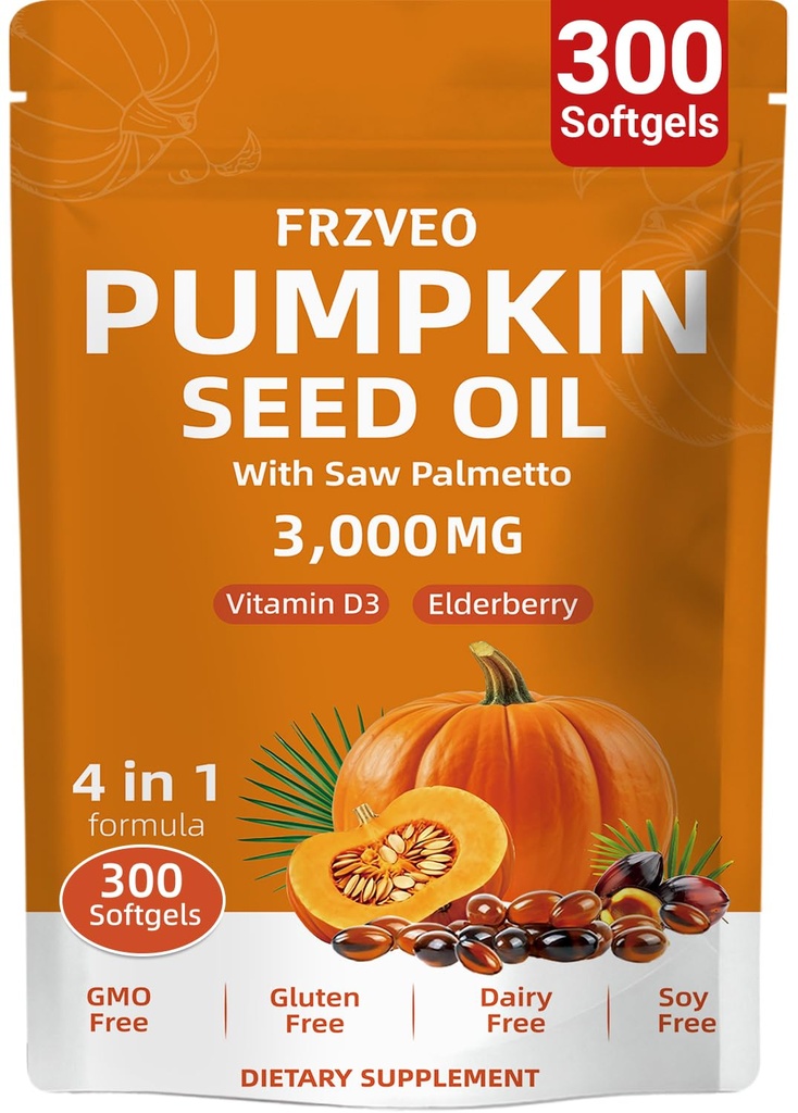300 Capsules Cold Pressed Pumpkin Seed Oil with Saw Palmetto, Vitamin D3 & Elderberry – Virgin Oil, Supports Prostate, Hair & Urinary Health (Aceite de Semilla de Calabaza)
