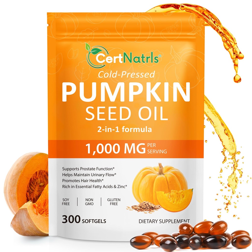 Pumpkin Seed Oil with Saw Palmetto Capsules | Cold Pressed, Essential Fatty Acids & Zinc | 300 Softgels Supports Hair, Urinary, Bladder & Prostate Health | Non-GMO,Soy Free,Gluten Free