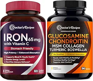 Recepten van de arts Iron 65 mg & Glucosamine Chondroitin MSM Bundel, gezonde ijzerniveaus & comfortabele gewrichten, ijzertabletten 60 ct & Joint Support Tablets 90 ct