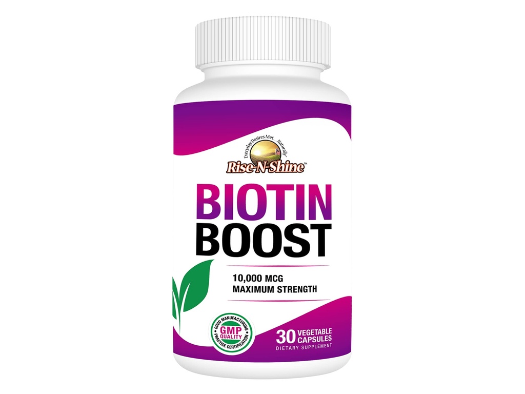 Rise-N-Shine Biotin Boost 10.000 mcg Biotin 10000 mcg ter ondersteuning van haar, huid, nagels en wimpers 30 tellen