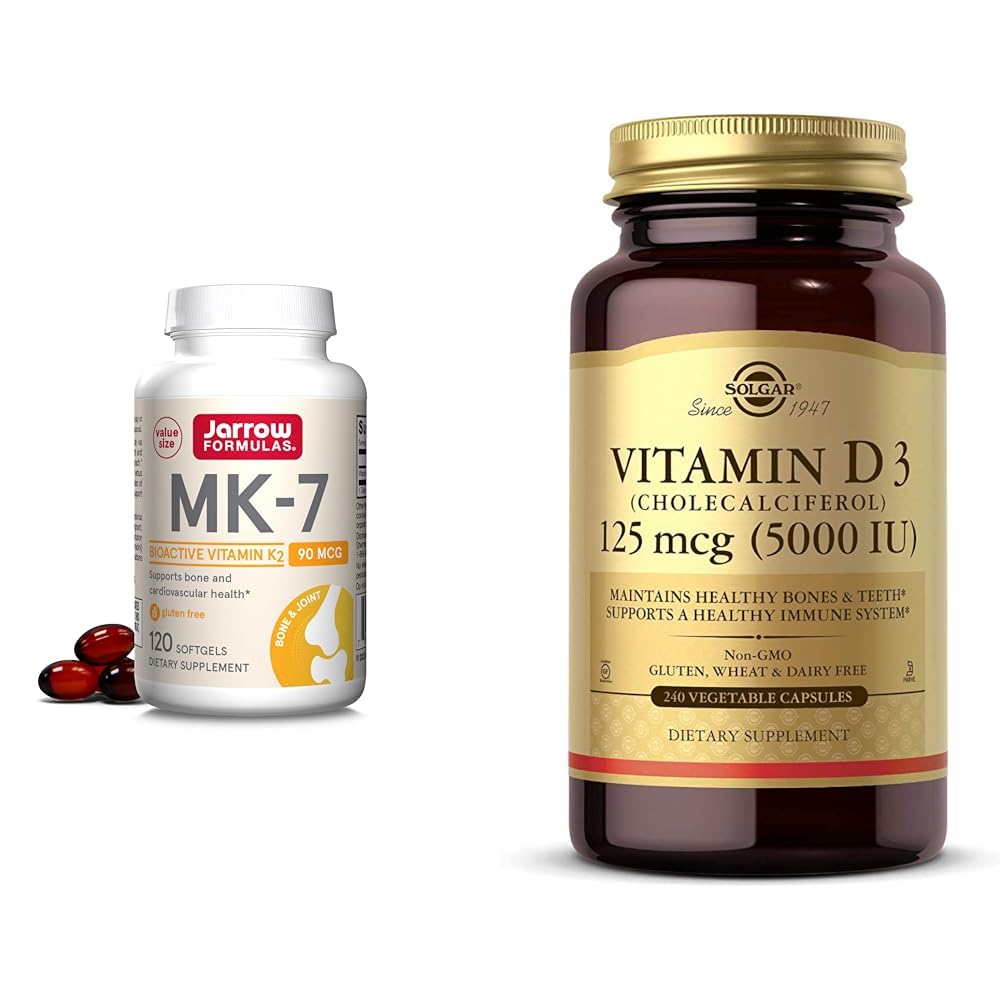 Jarrow Formulas MK7, Promotes Bone Health, 90 mcg, 120 Softgels & Solgar Vitamin D3 (Cholecalciferol) 125 mcg (5000 IU), 240 Vegetable Capsules - Helps Maintain