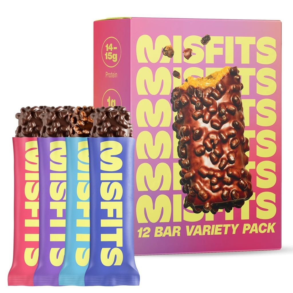 Misfits Protein Bar Variety Pack | Nutrition Bars - 14-15g Protein, 1g Sugar, Plant-based, Low Carb, Non-GMO, Gluten Free Snacks | Vegan Protein Bars | Pack of 12, Multiple Flavors