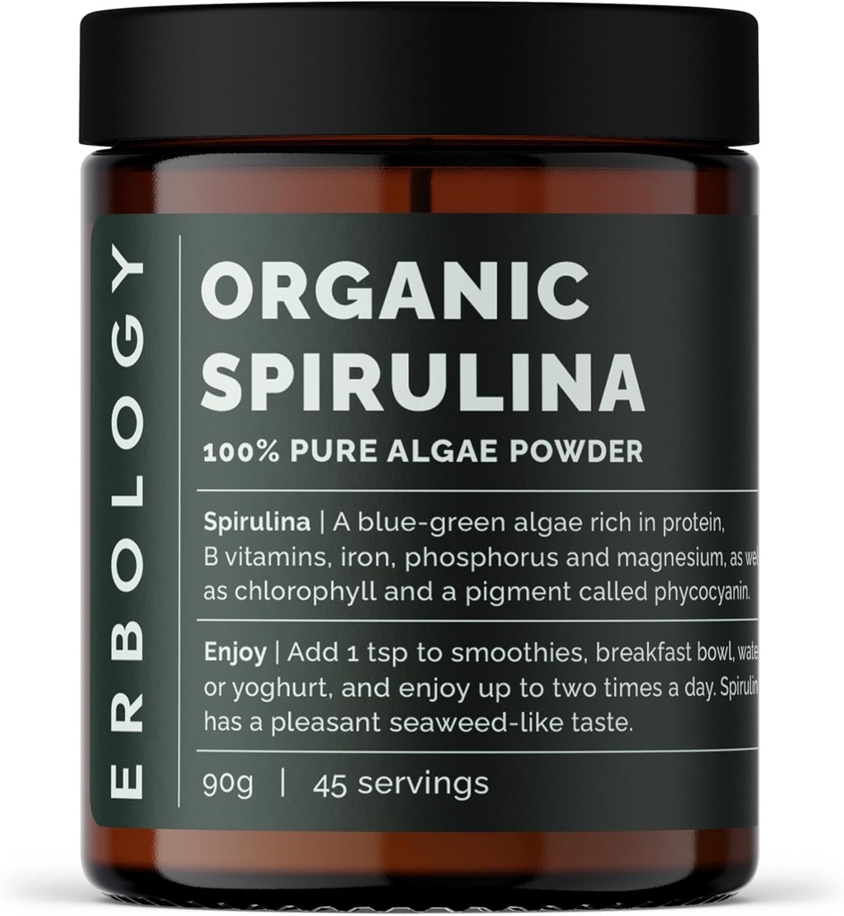 Erbologie Organische Spirulina Poeder 3.2 oz - 45 porties - Duurzaam Gebronzen in Portugal - Energie en Immuniteit Steun - Rijk aan Chlorofyl, B Vitaminen, IJzer en Fosfor - Veganistisch - GGO-vrij