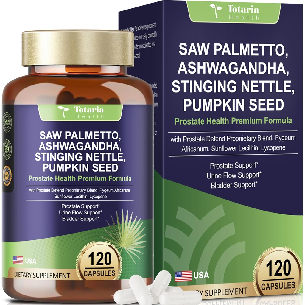 Totaria Organic Saw Palmetto with Pumpkin Seed - Prostate Health Supplements with Ashwagandha Root, Stinging Nettle, Prostate Defend Propnietary Blend, DHT Blocker for Men & Women, 120 Count