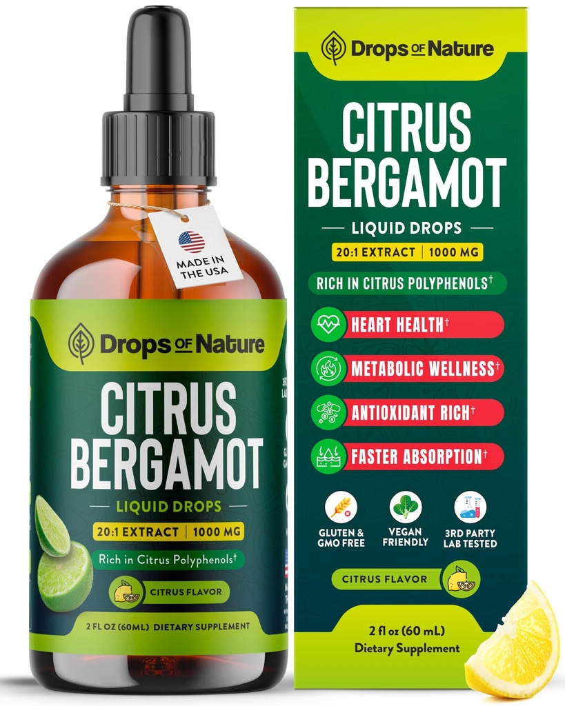 Citrus Bergamot Extract 25:1 Liquid Drops – Vegan, Gluten-Free – Comparable to Resveratrol and Berberine Supplement – 1000mg Bergamot Supplement for Heart Wellness and Metabolic Support (Citrus,60mL)