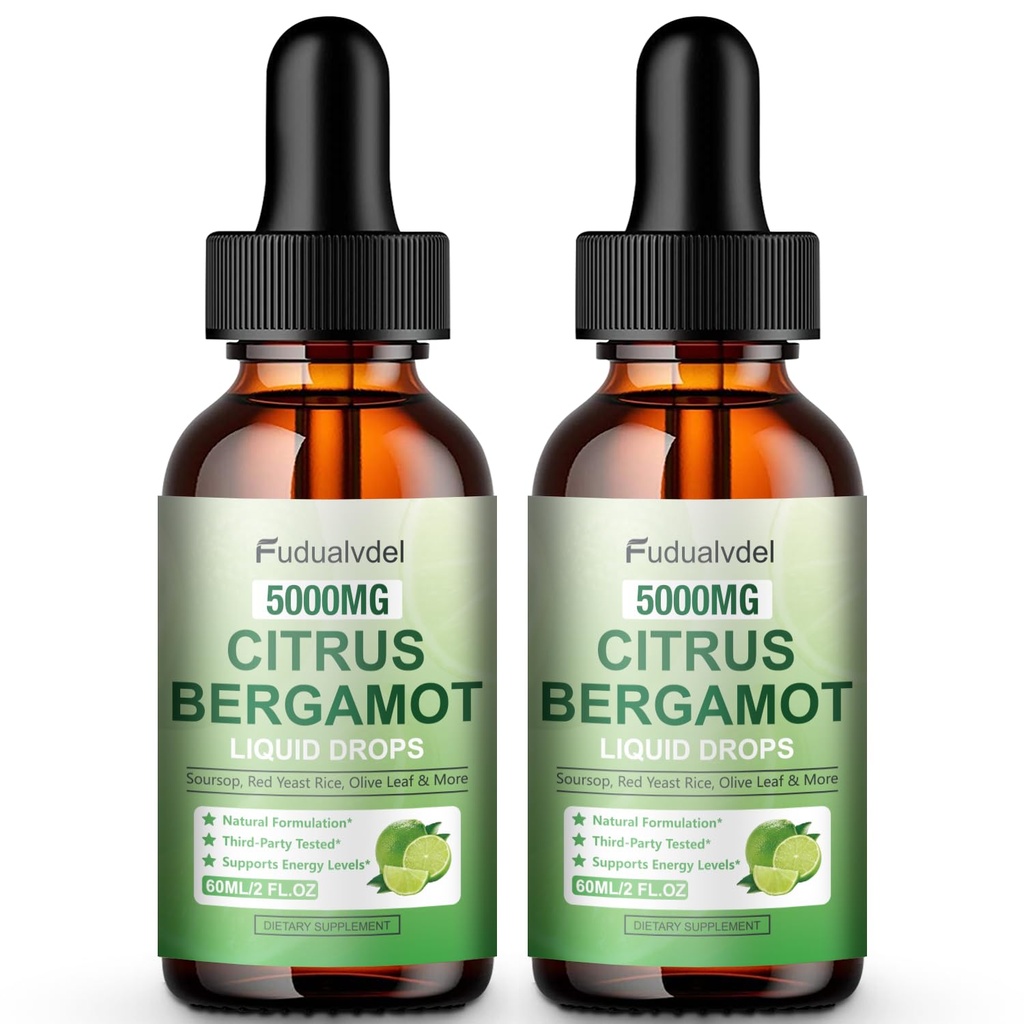 2 Packs 5000mg Citrus Bergamot Liquid Drops,Reduce Triglycerides Bergamot Supplement for High Cholesterol, Immune Support for Anti Aging,Antioxidant,Lime Bitter,Natural Olive Leaf Extract,4 Fl Oz