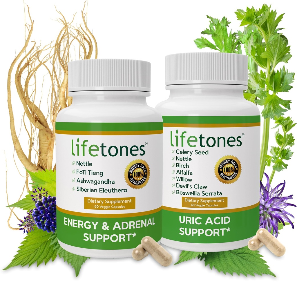 Lifetones Uric Acid Support + Energy & Adrenal Support Bundle - Capsules for Natural Joint Health & Energy Boost