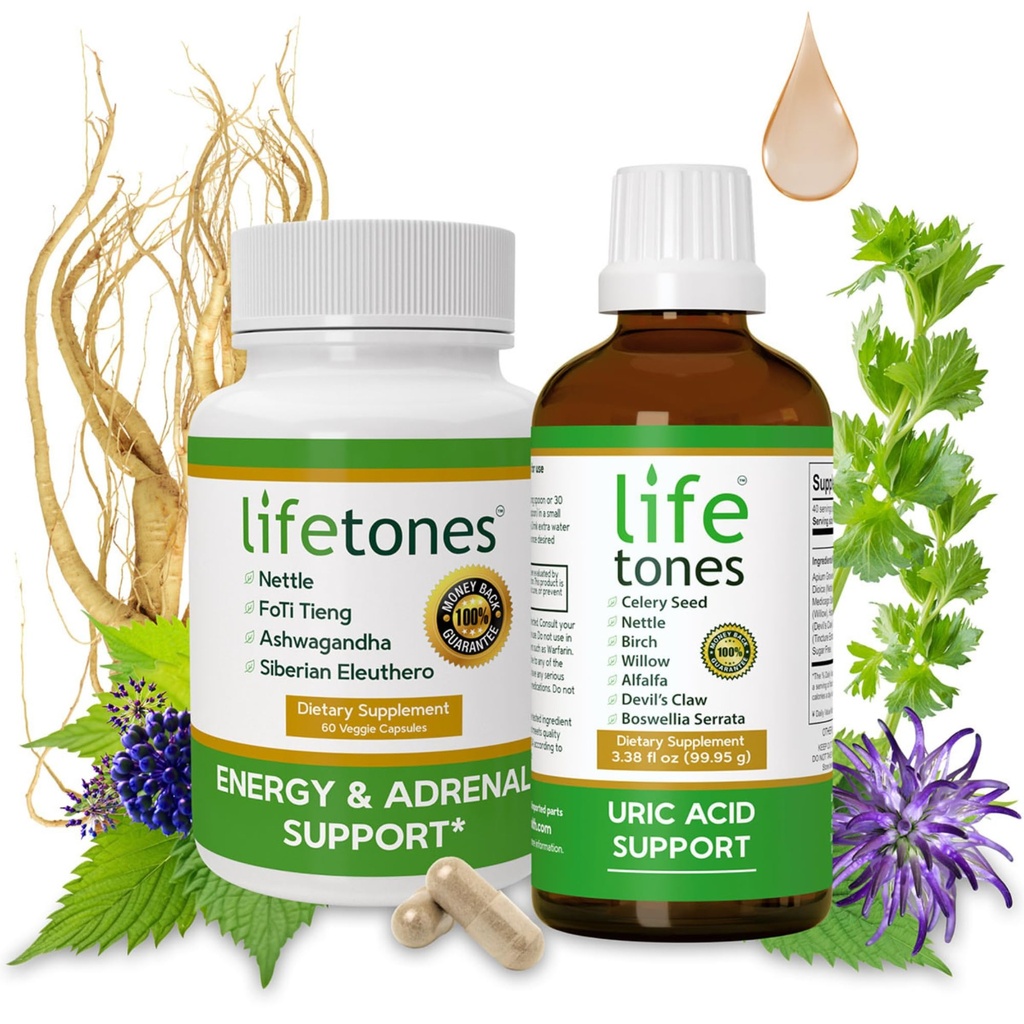 Lifetones Uric Acid Support Tincture + Energy & Adrenal Support Capsules Bundle - Natural Joint Health & Energy Boost
