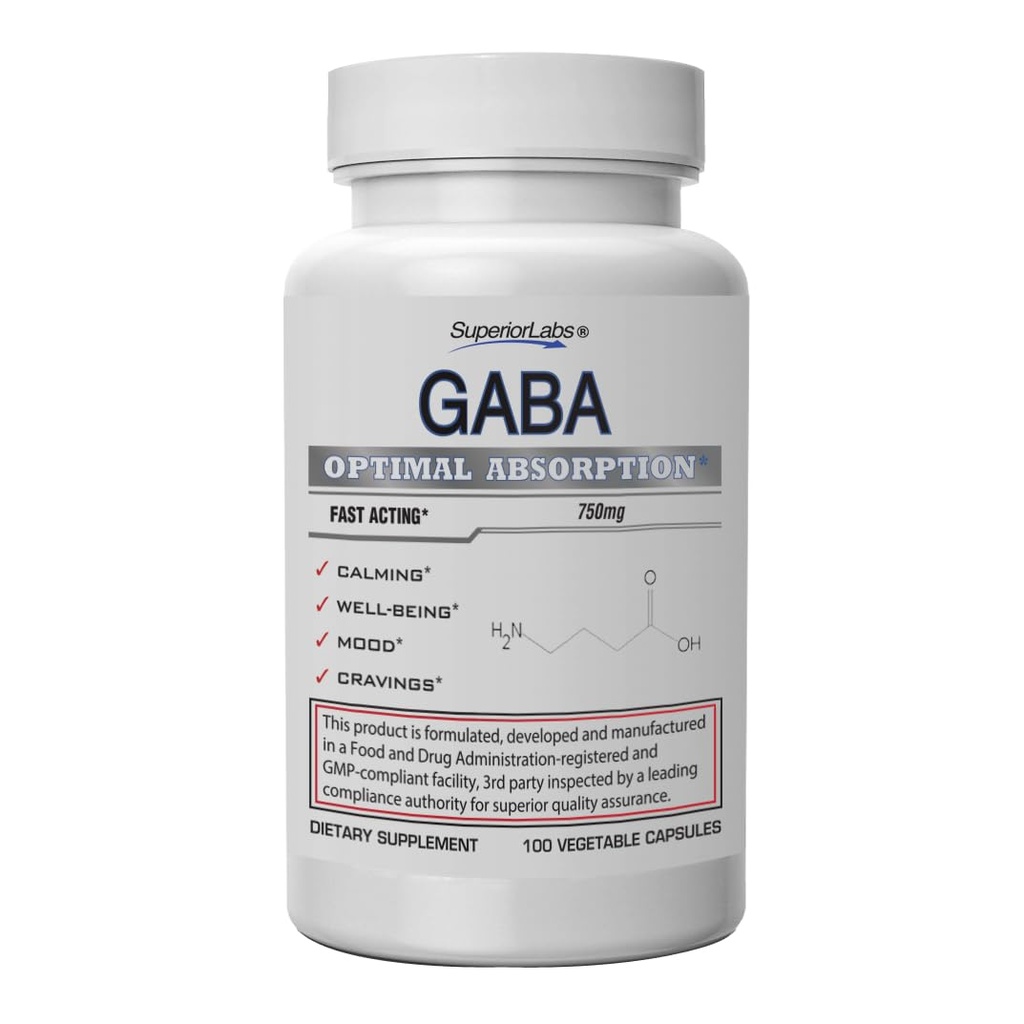 Superior Labs | GABA Supplement 750mg | Maximum Strength Mood Enhancement | Natural Relief of Simple Nervous Tension, Promotes Mood Balance, Sleep Quality, and Natural Brain Function*