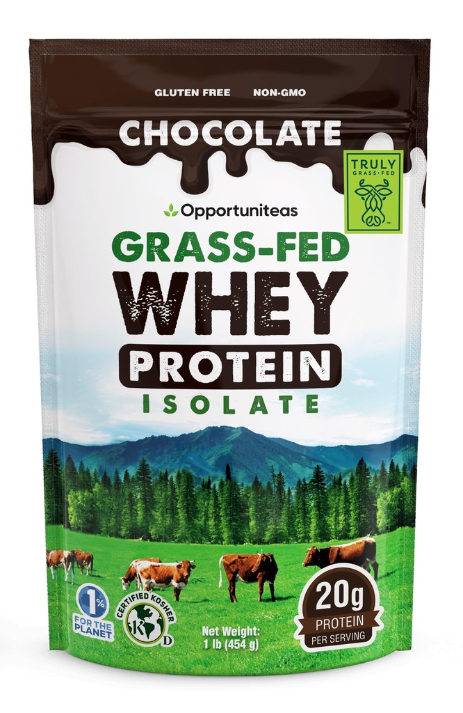 Opportuniteas Grass Fed Chocolate Wei Proteine Isolaat Poeder - 20g Proteïnepoeder zonder kunstmatige zoetstoffen, Hormone-vrije gelukkige koeien, Niet GGO - 1lb