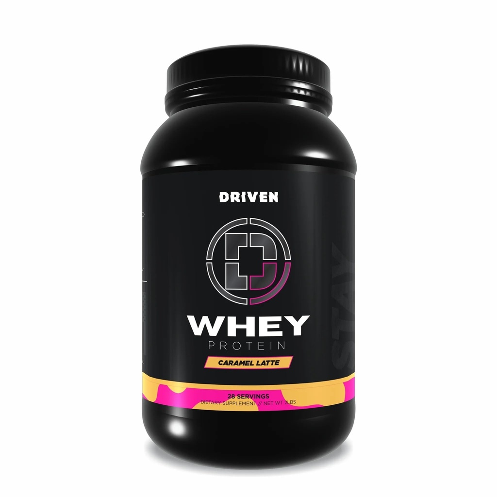 Driven WHEY- Grass Fed Whey Protein Powder: Delicious, Clean Protein Shake- Improve Muscle Recovery with 23 Grams of Protein with Added BCAA and Digestive Enzymes (2 lb, Caramel Latte)