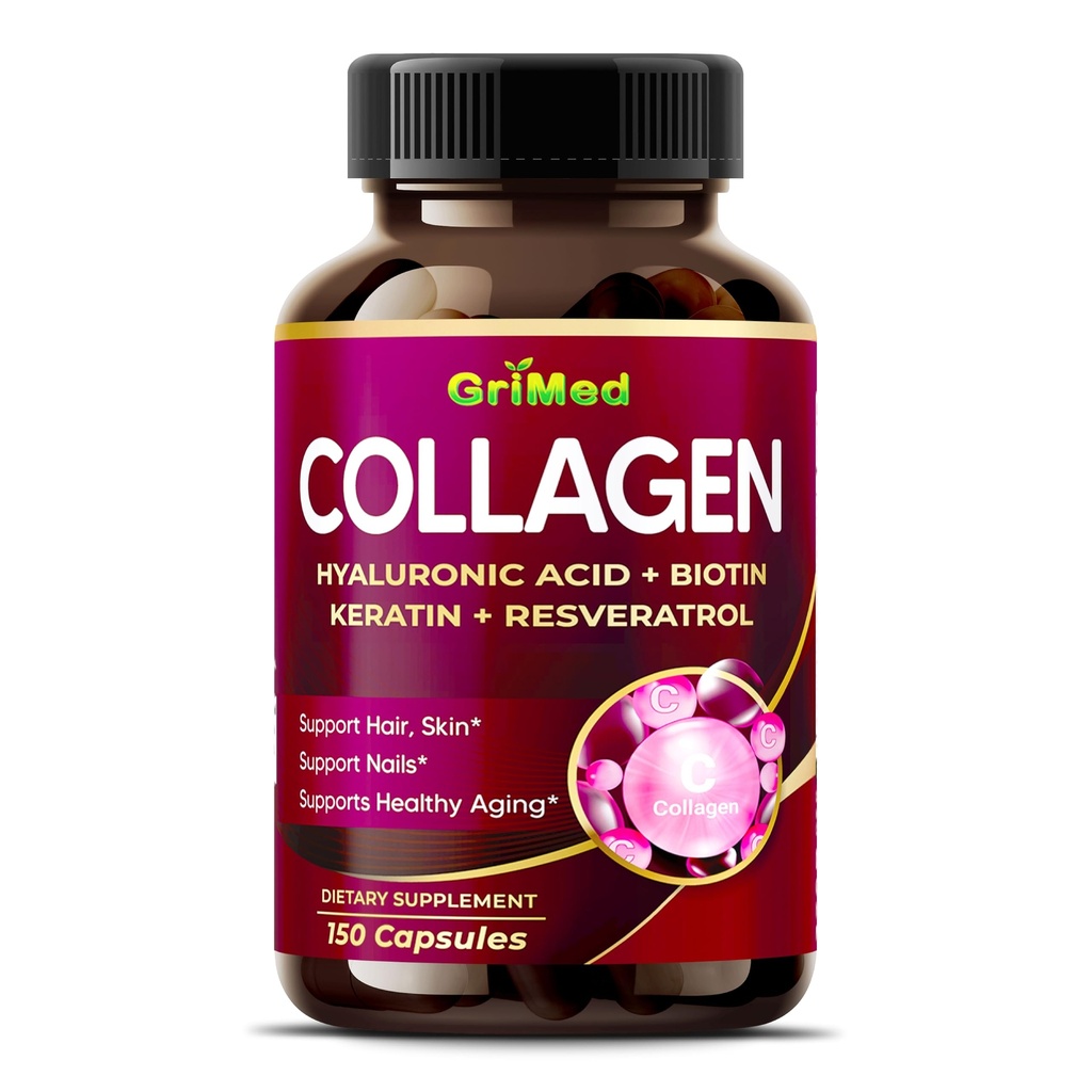 GriMed Organic Collagen Capsules with Hyaluronic Acid, Biotin, Keratin & Resveratrol, Hair Skin Nails Supplement, 150 Count