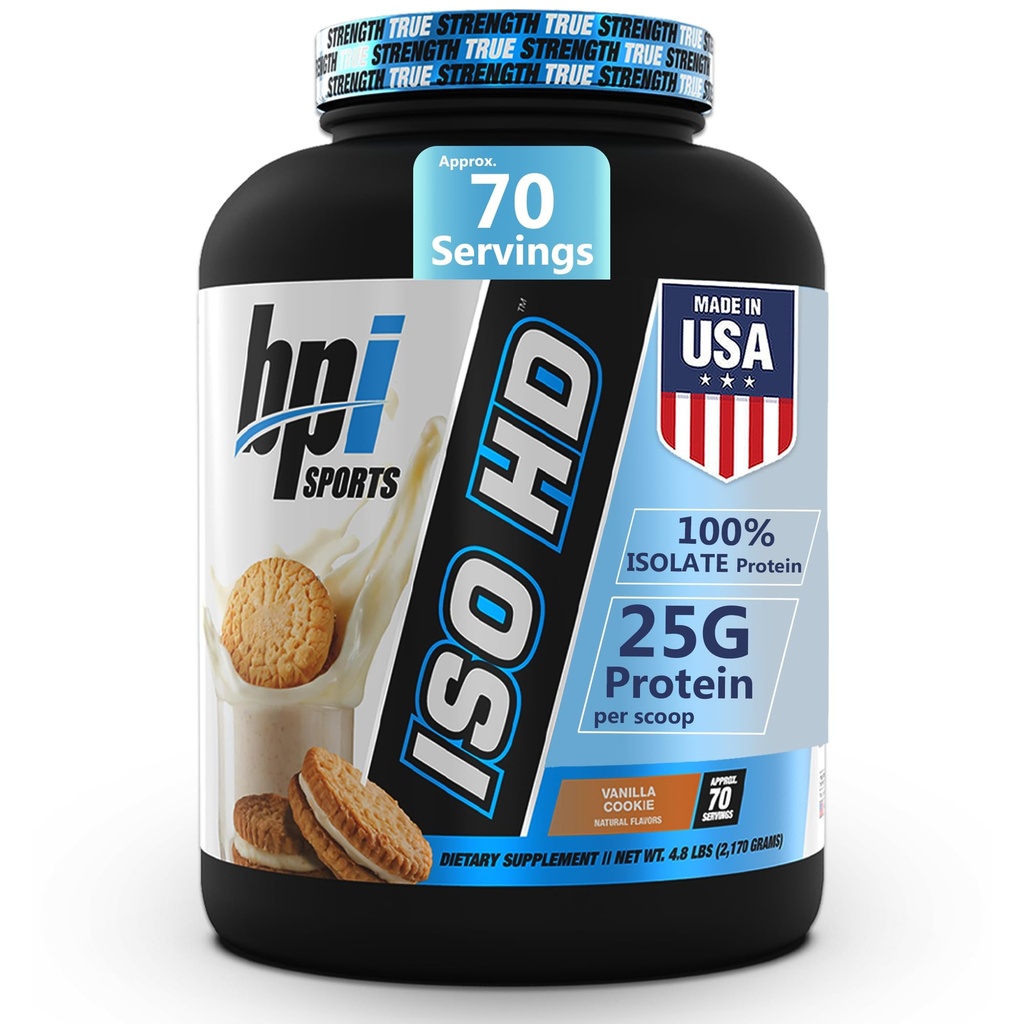 BPI Sports ISO HD Isolate Protein Powder – 100% Whey Isolate, High Quality Protein Powder for Muscle Gain - Vanilla Cookie, 4.8 LBS - 70 Servings
