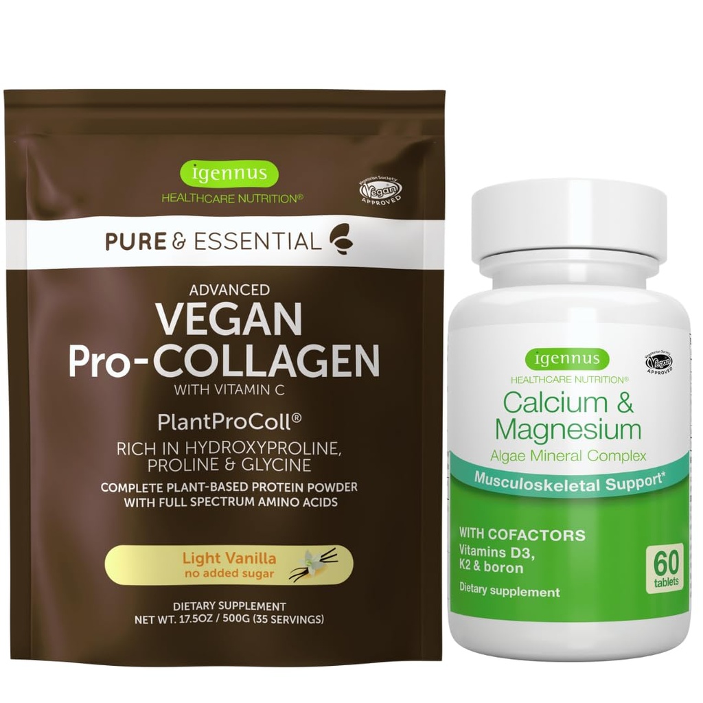 Vegan Vanilla Collageen Proteïne Poeder + Calcium & Magnesium Complex Bundle, uitgebreide botondersteuning, door Igennus