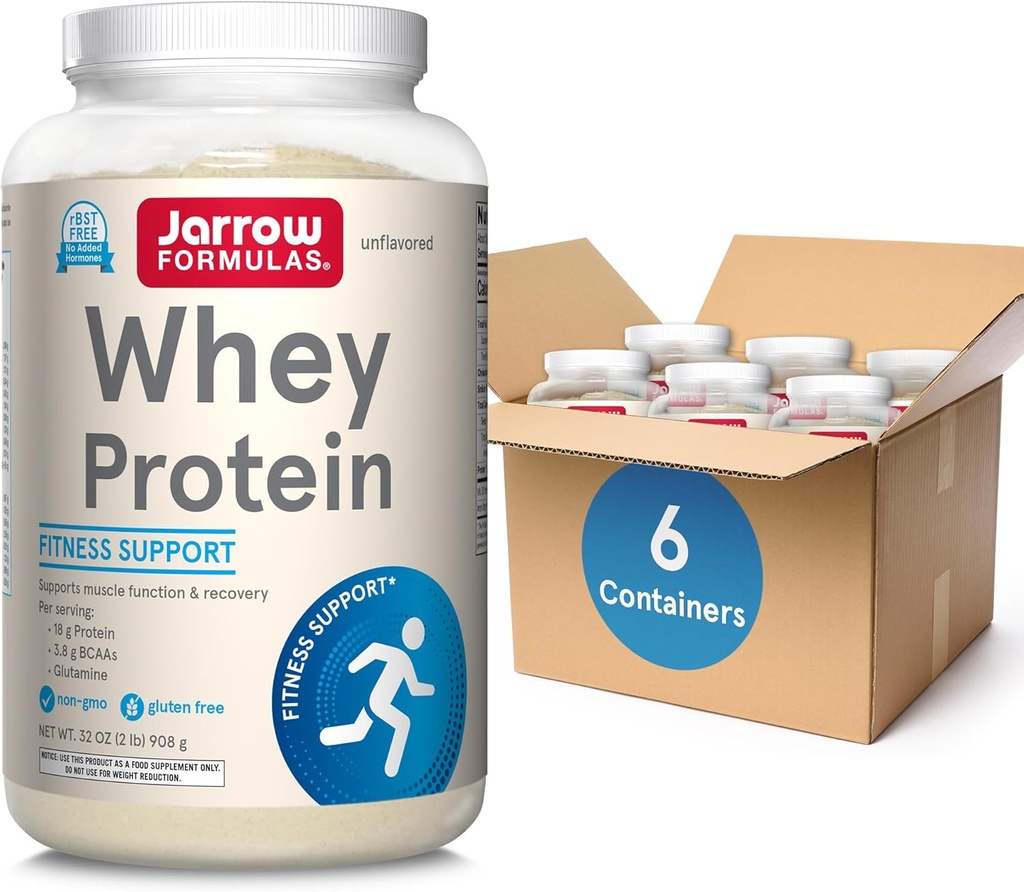 Jarrow Formulas Wei Proteïne Met 18 g eiwit, 3,8 g BCAA's, en Glutamine, Dieetsupplement voor spierfunctie en herstel Ondersteuning, 32 oz Ongearomatiseerd poeder, ongeveer 38 dagen levering, 6 verpakkingen