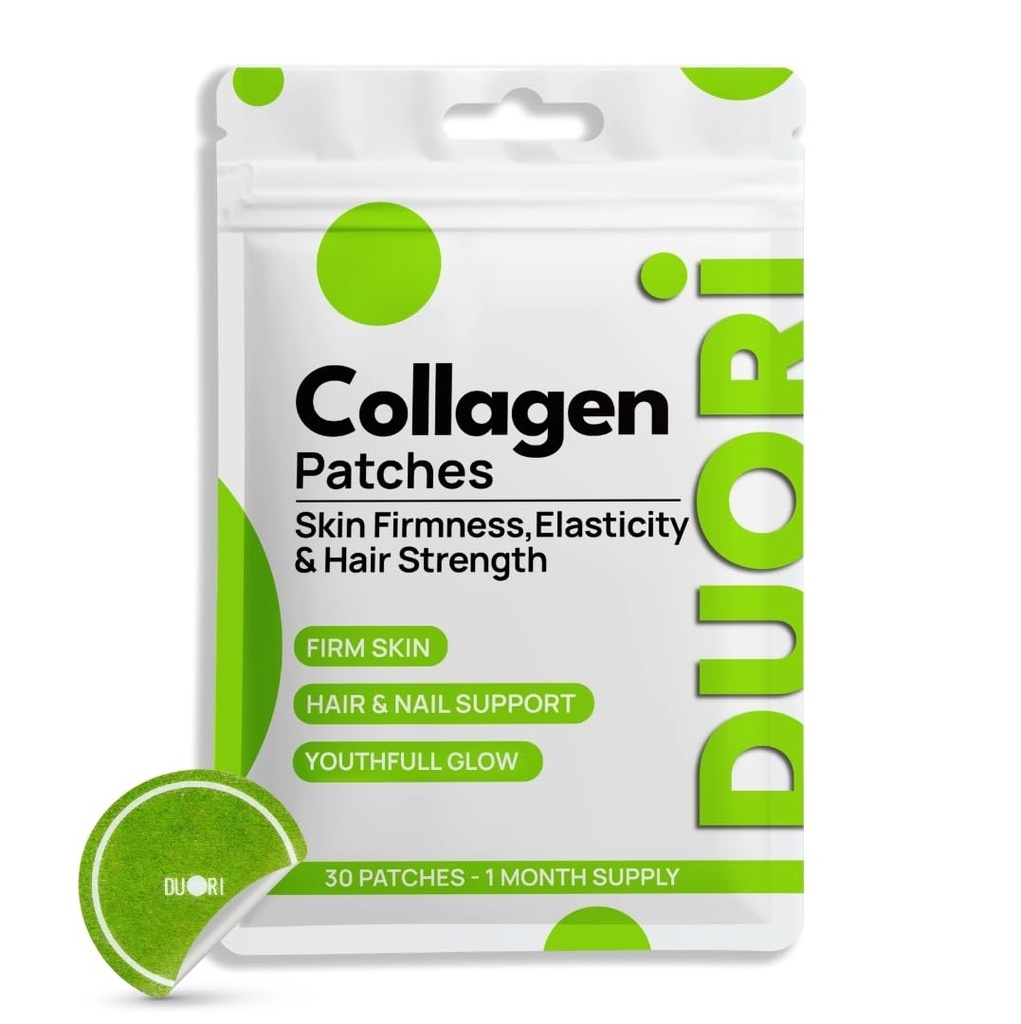 DUORI Collagen Patch - Skin Firmness, Hair & Nails Support - Youthful Glow - Vitamin C - Hyaluronic Acid - Resveratrol - Biotin - Gotu Kola Extract - Vegan Daily Hydration Patch - 30 Patches