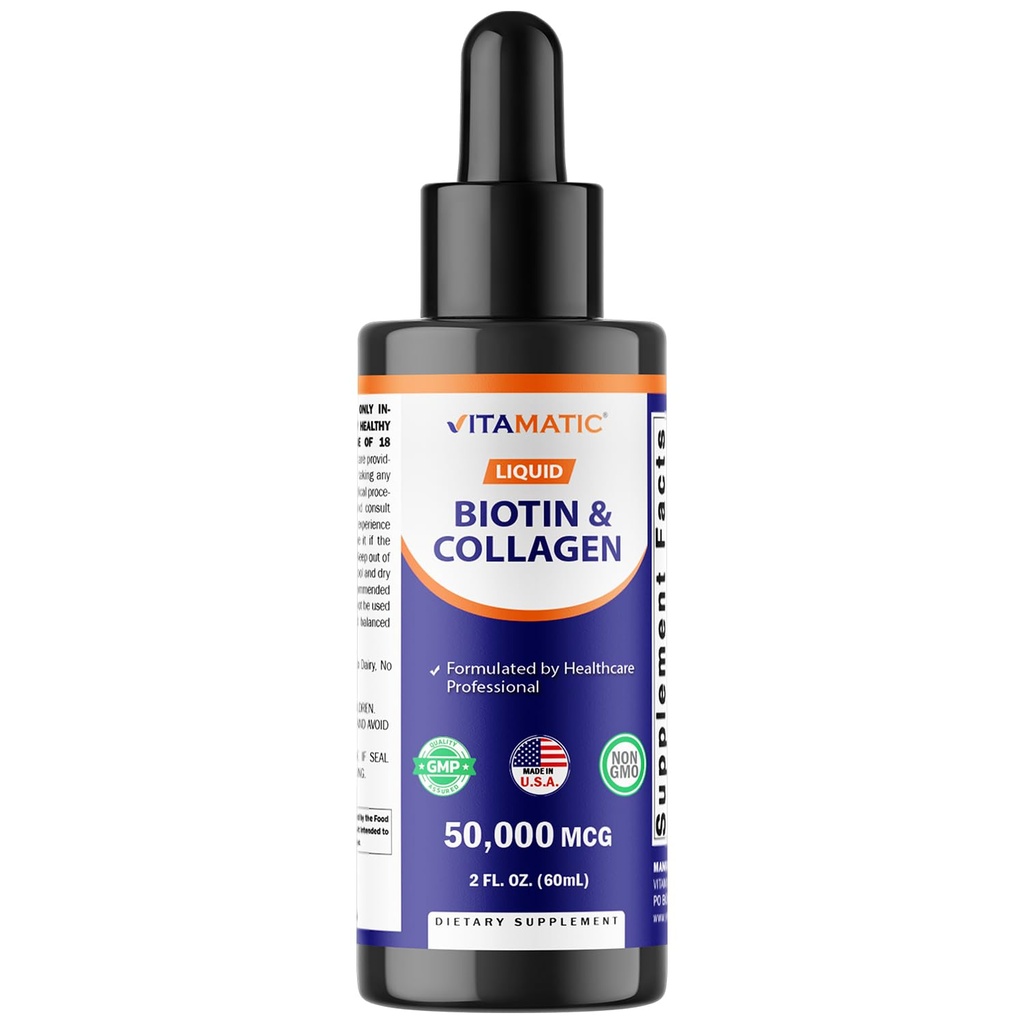 Vitamatic Liquid Biotin & Collagen Drops – 50,000 mcg – 2 fl oz Supports Healthy Hair Growth, Glowing Skin & Strong Nails – for Women and Men