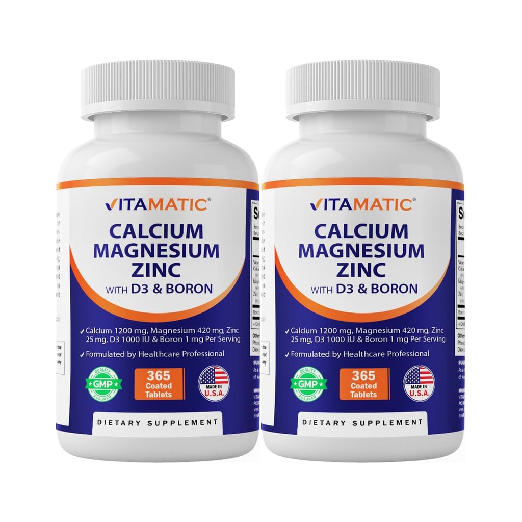 Vitamatic Calcium Magnesium Zinc D3 Boron | 365 Coated Tablets Supplement | Calcium 1200 mg, Magnesium 420mg, Zinc 25mg, Vitamin D3 1000 IU, Boron 1 mg | Non-GMO | Gluten Free | Made in USA-2 Pack