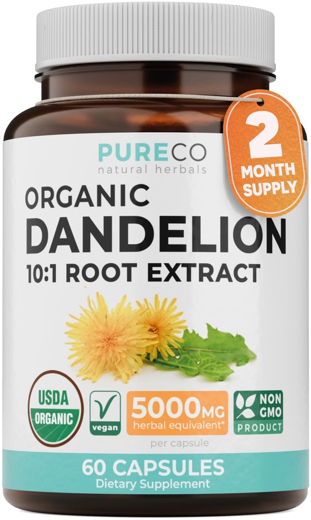USDA Organic Dandelion Root Extract - High Potency 10:1 Dandelion Root Supplement with 5000mg Herbal Equivalent Strength for Liver Cleanse Detox & Repair Support - Vegan & Non-GMO (2 Month Supply)