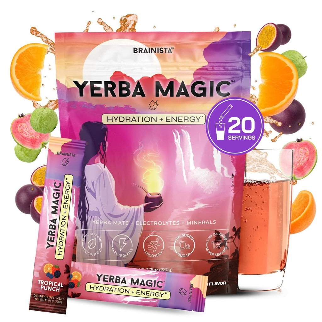 Yerba Magic Hydration + Energy - Tropical Punch with Electrolytes, Yerba Mate Caffeine, Amino Acids, Sea Moss & Coconut Water for Hydration, Muscle Recovery & Clean Energy - Zero Sugar (20 Stick Packs)