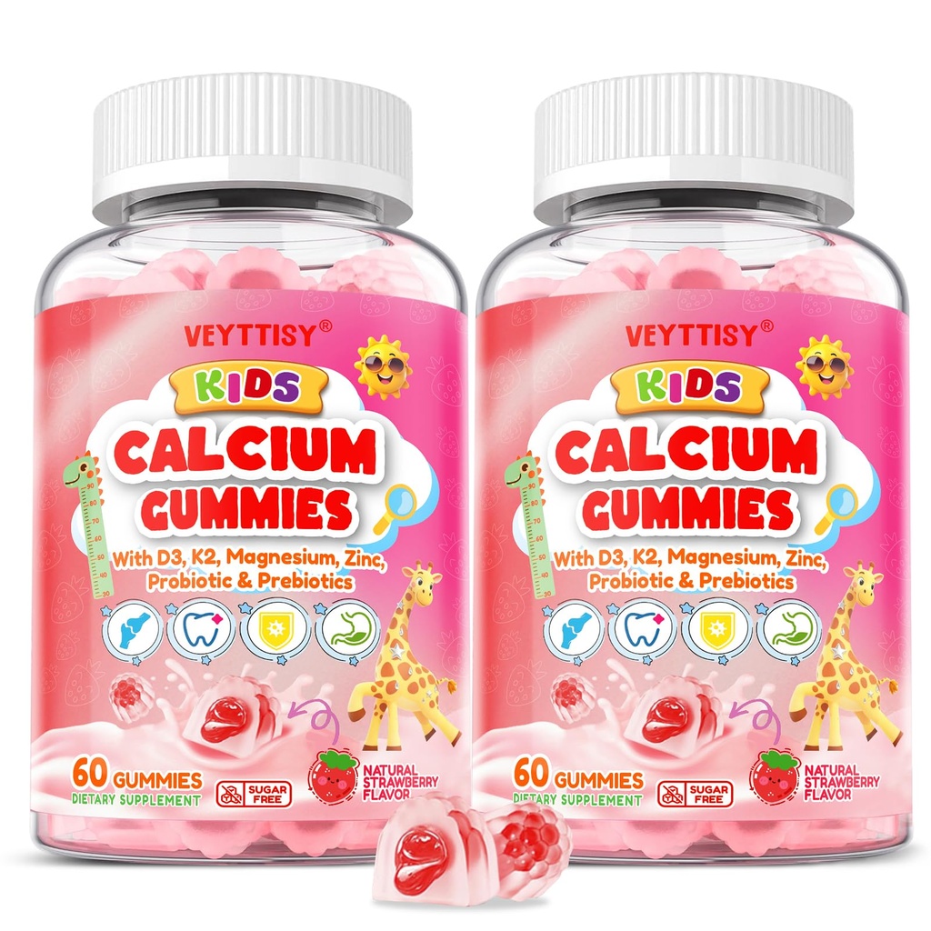 Kids Calcium Gummies with D3 & Magnesium for 4+: Sugar Free Calcium Citrate with Vitamin D3, K2, Zinc, Probiotics & Prebiotics for Kids - Gluten Free, Non-GMO,Vegan, Natural Strawberry Flavor