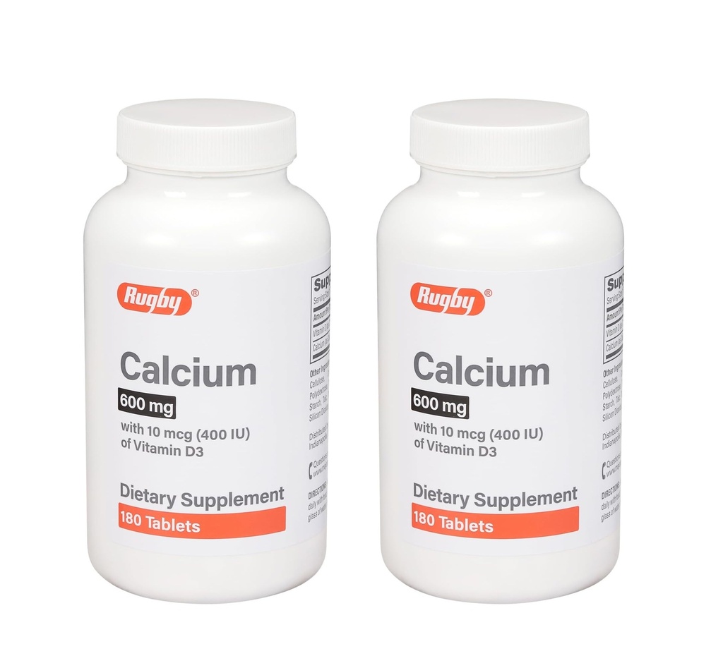 Rugby 600mg Calcium Tablets - Made with 10mcg (400IU) of Vitamin D3 - Dietary Supplement - 180 Count (2 Pack)