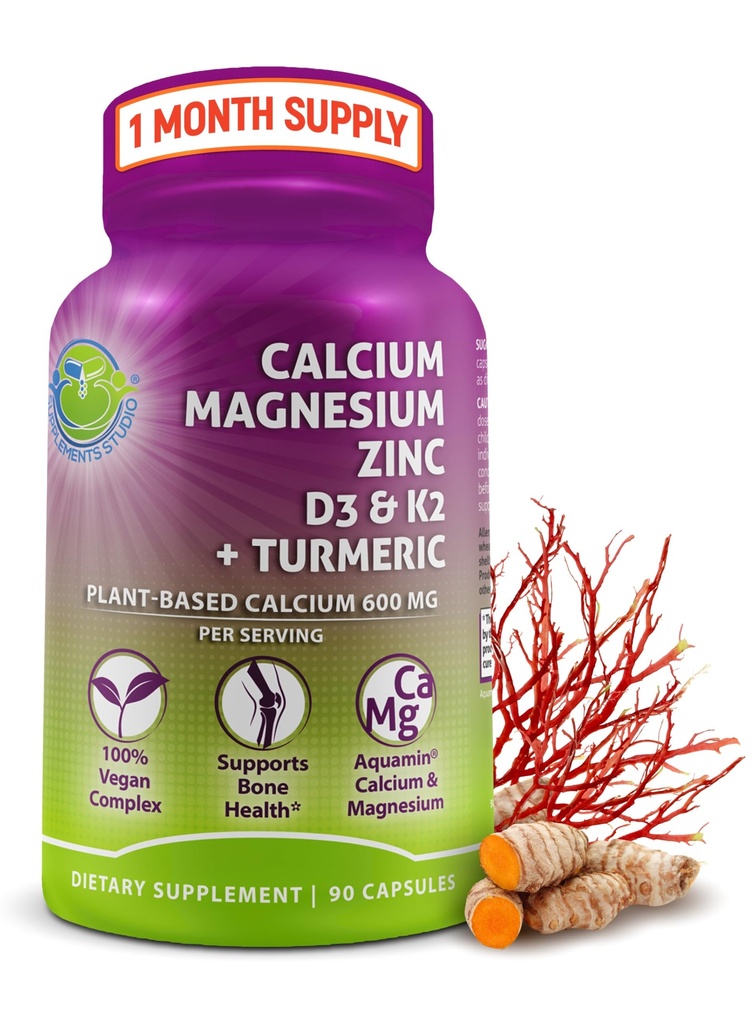 Plant-Based Calcium 600mg (Aquamin) – Vegan Calcium Magnesium Zinc D3 with Vitamin K2 & Organic Turmeric – Enhanced Bone and Muscle Health & Strength, Immune Support for Women & Men - 90 Count