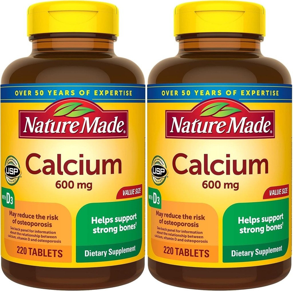 Nature Made Calcium 600 mg with Vitamin D3, Dietary Supplement for Bone Support, 220 Tablets - Pack of 2