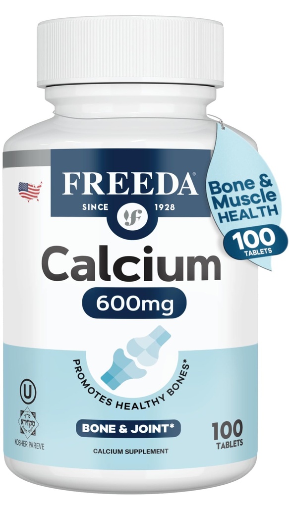 FREEDA Calcium 600 mg – Bone, Joint and Teeth Support – 600mg Pure Calcium Supplements for Women & Men – Healthy Muscle and Nerve Function – GF, Easy-to-Swallow Coated Tablets (100 Ct)