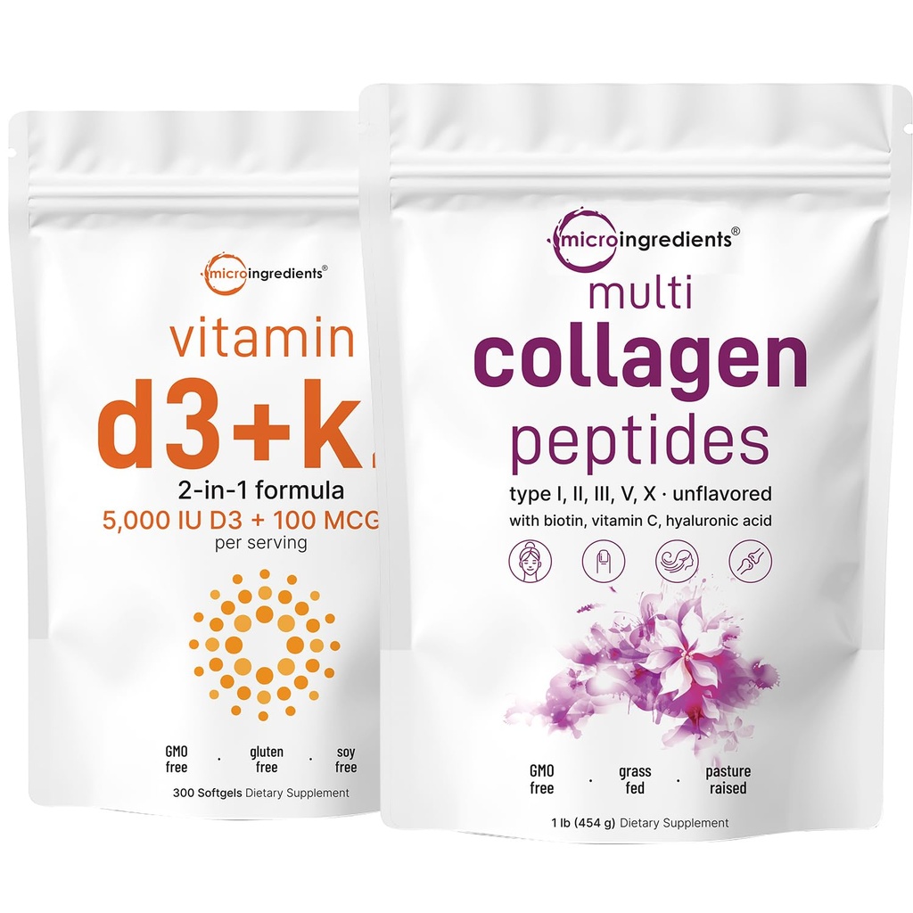 Micro Ingredients Multi Collagen Protein Powder 16oz & Vitamin D3 5,000iu + K2 100mcg Softgels Bundle 2 Pack | Grass-Fed Collagen Peptides | Essential Sunshine Vitamins