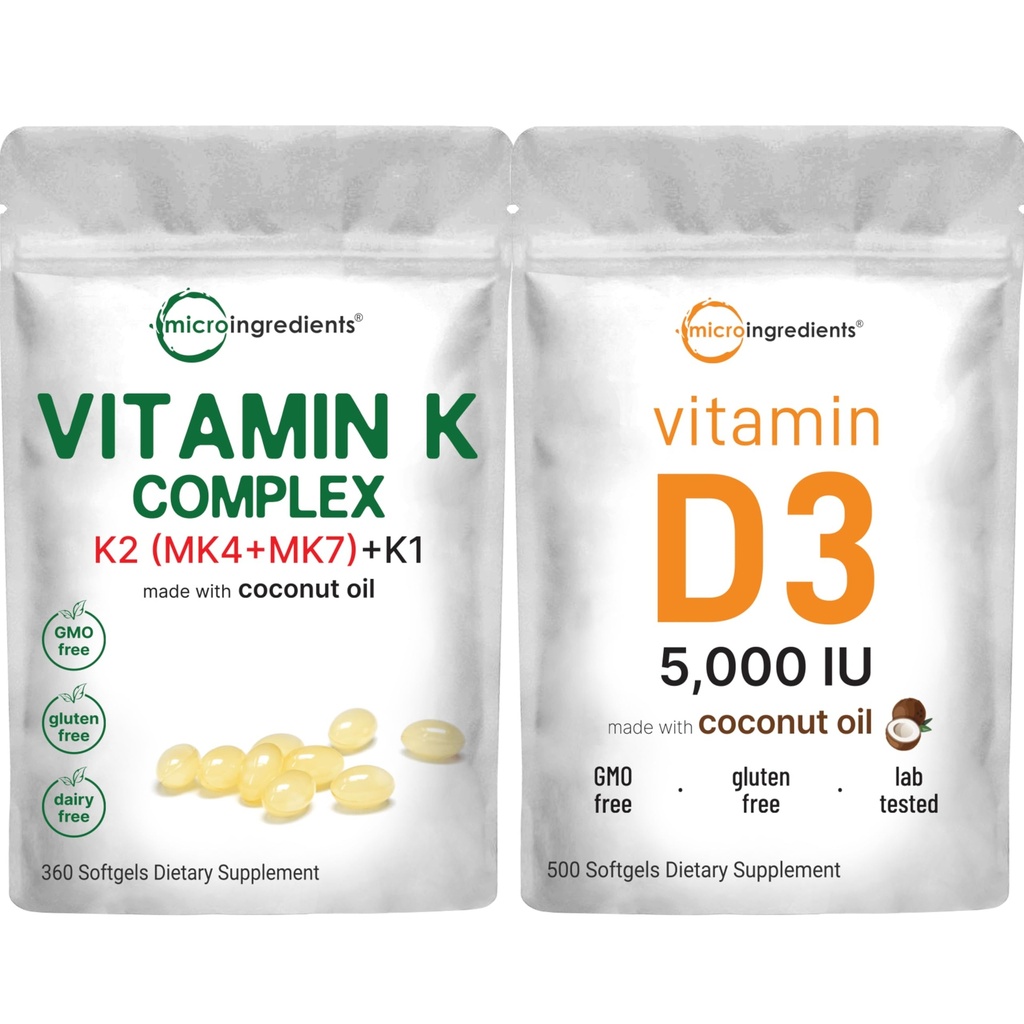 Micro Ingredients Super Vitamin K Complex (K2 MK7 + MK4 & K1) & Vitamin D3 5,000 IU Bundle Pack | Easily Absorbed K Vitamins, Active Menaquinone Complex | Vitamin D as Cholecalciferol