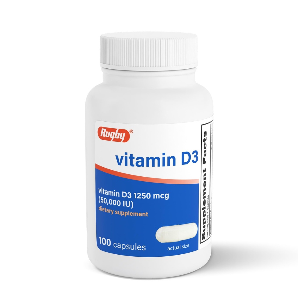 Rugby Vitamin D3 50,000 IU (1250 mcg) - High-Potency Vitamin D Supplement for Bone, Teeth, and Immune Health, 100 Capsules