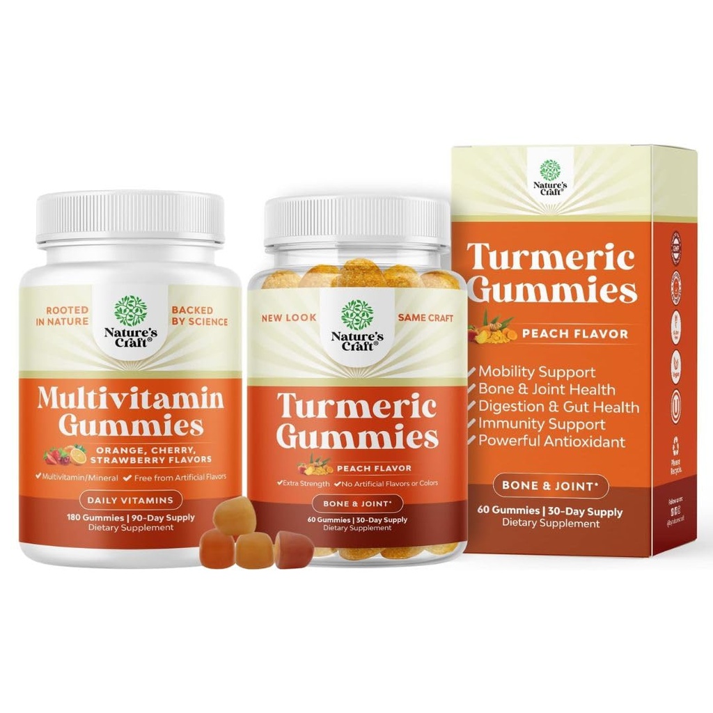 Bundle of Multivitamin Gummies for Adults - Wellness Blend of Vitamin D A C E B12 Zinc and Biotin and Turmeric Curcumin Immune Support Gummies for Joint Support with Black Pepper and Curcumin Powder