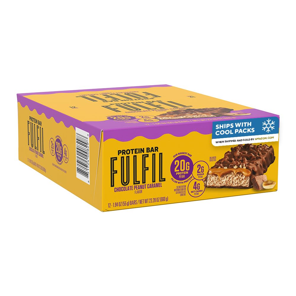 FULFIL Protein Bars, Chocolate Peanut Caramel Flavored, Gluten Free with 20g Protein, Pantry Staples, 12 Count