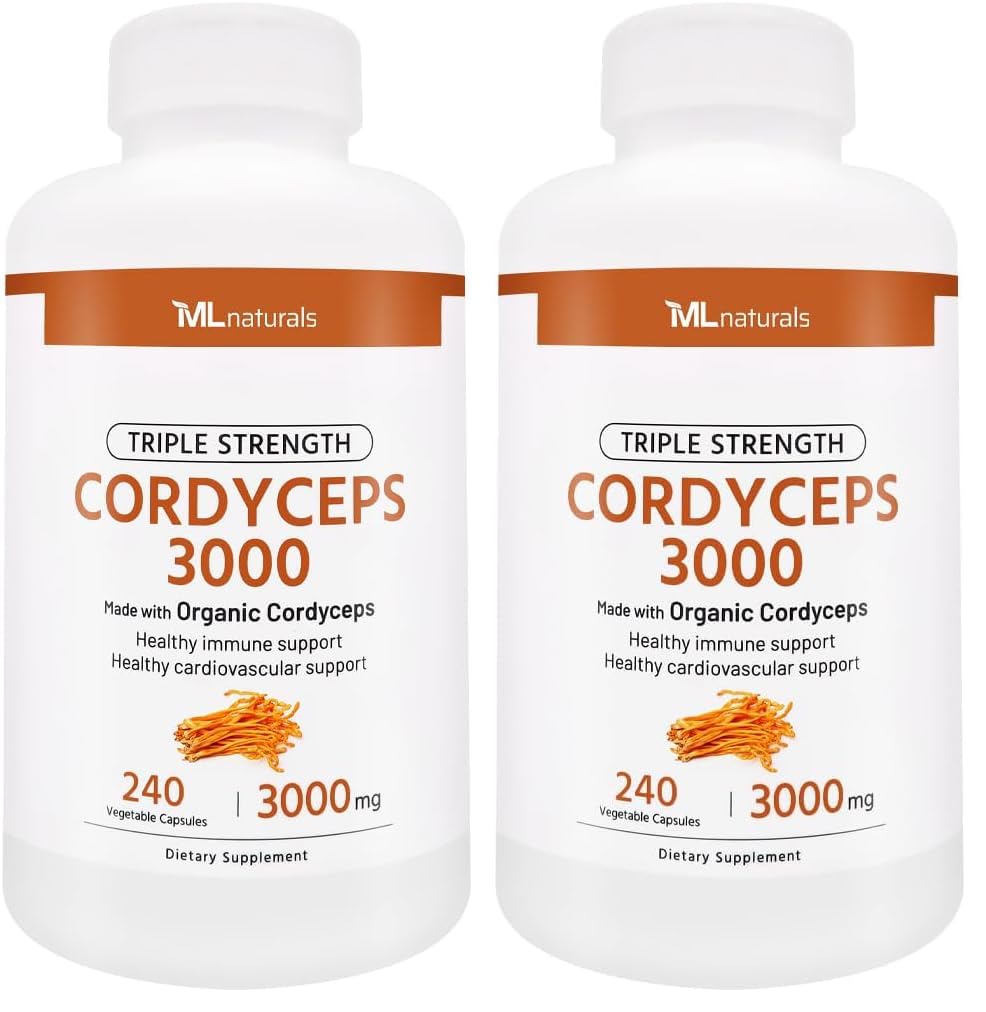 ML Naturals Triple Strength Cordyceps 3000 Made with Organic Cordyceps, 240 Vegetable Capsules. Healthy Immune Support & Cardiovascular Support. Non-GMO, NSF-Certified & cGMP-Compliant (Pack of 2)
