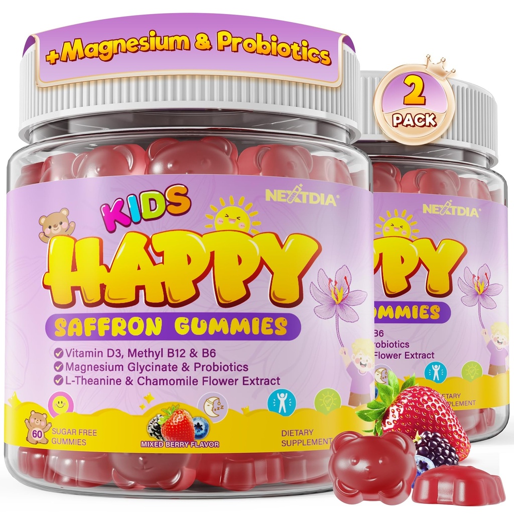 Happy Saffron Gummies for Kids Teen, Organic Saffron + Magnesium Glycinate Supplement with Probiotics, L-Theanine, Chamomile, D3, B6, B12 for Children's Focus & Mood, Calm, Sleep, Sugar Free, 120 Cts