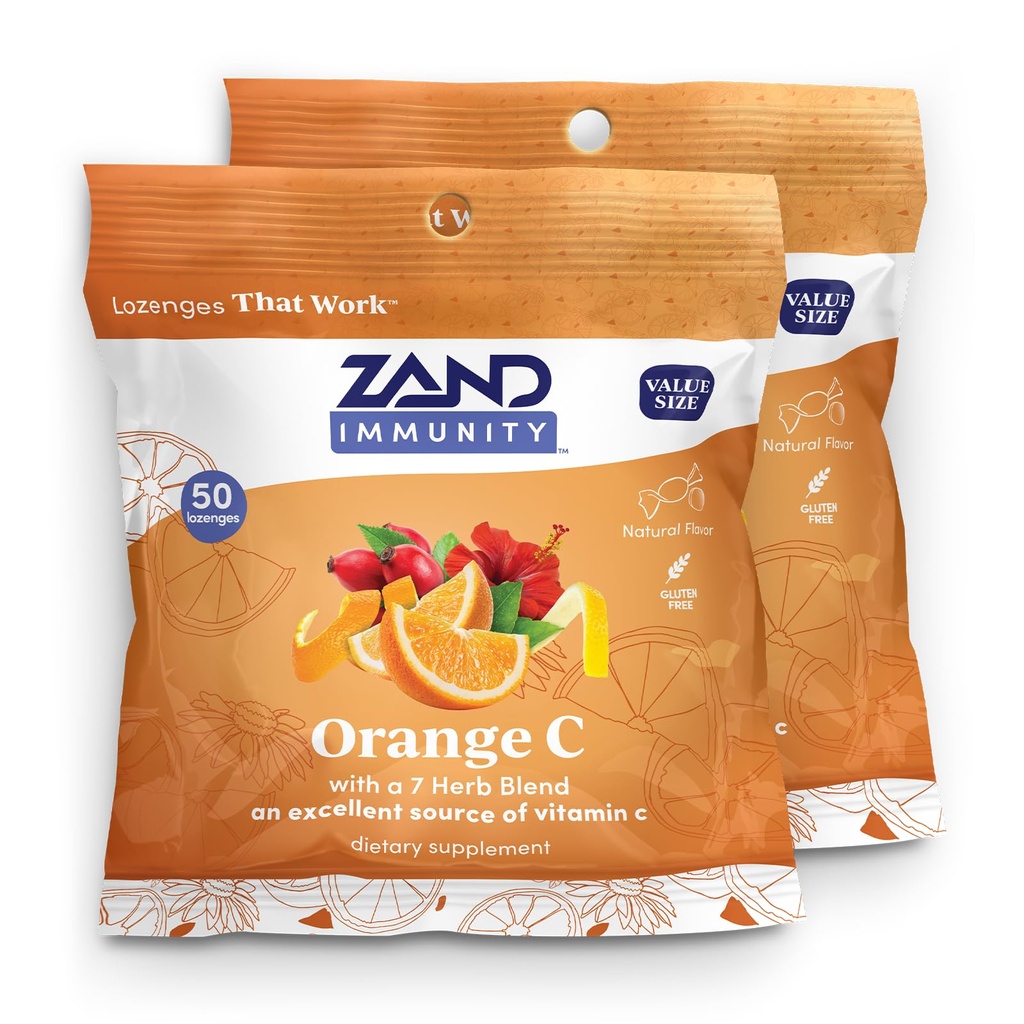 ZAND Immunity Orange C Vitamin C Throat Lozenges 2 Pack - Good-for-You Dry Mouth Lozenges - Immune Support Supplement w/VIT C and 7 Herbs - Soothe a Dry Throat - Natural Flavor, Gluten Free, 50ct ea